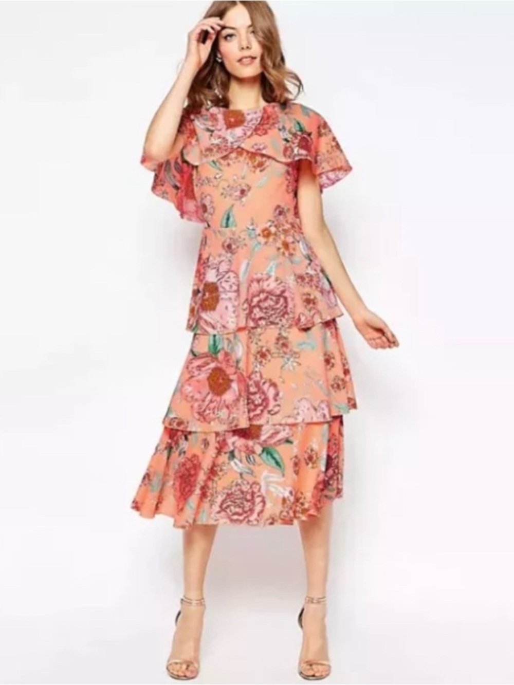 NWT ASOS Floral Tiered Midi Dress 4 Peach Pink Ruffle Flutter Sleeve Cottagecore